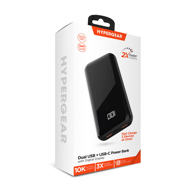 HyperGear 10000mAh Dual USB + USB-C Power Bank with Digital Battery Indicator
