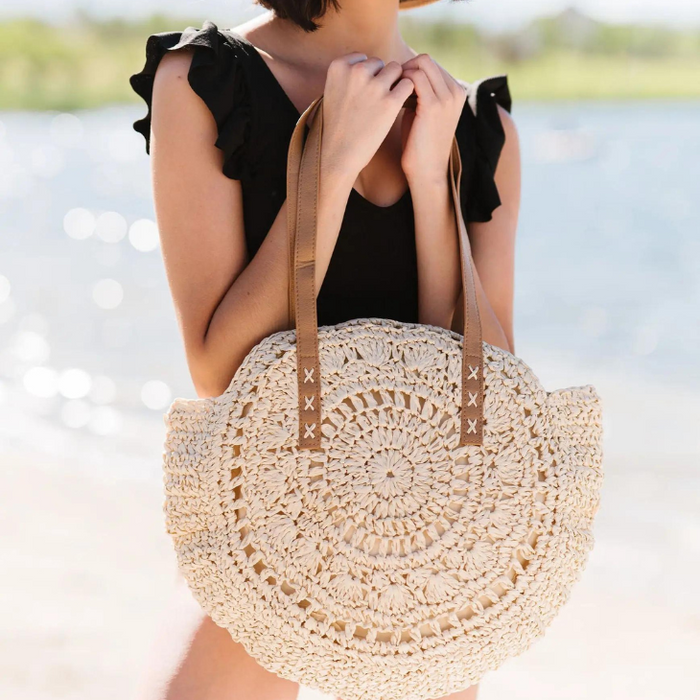 Daisy Round Ratan Shopping Tote - Perfect for Your Spring Break Vacation!